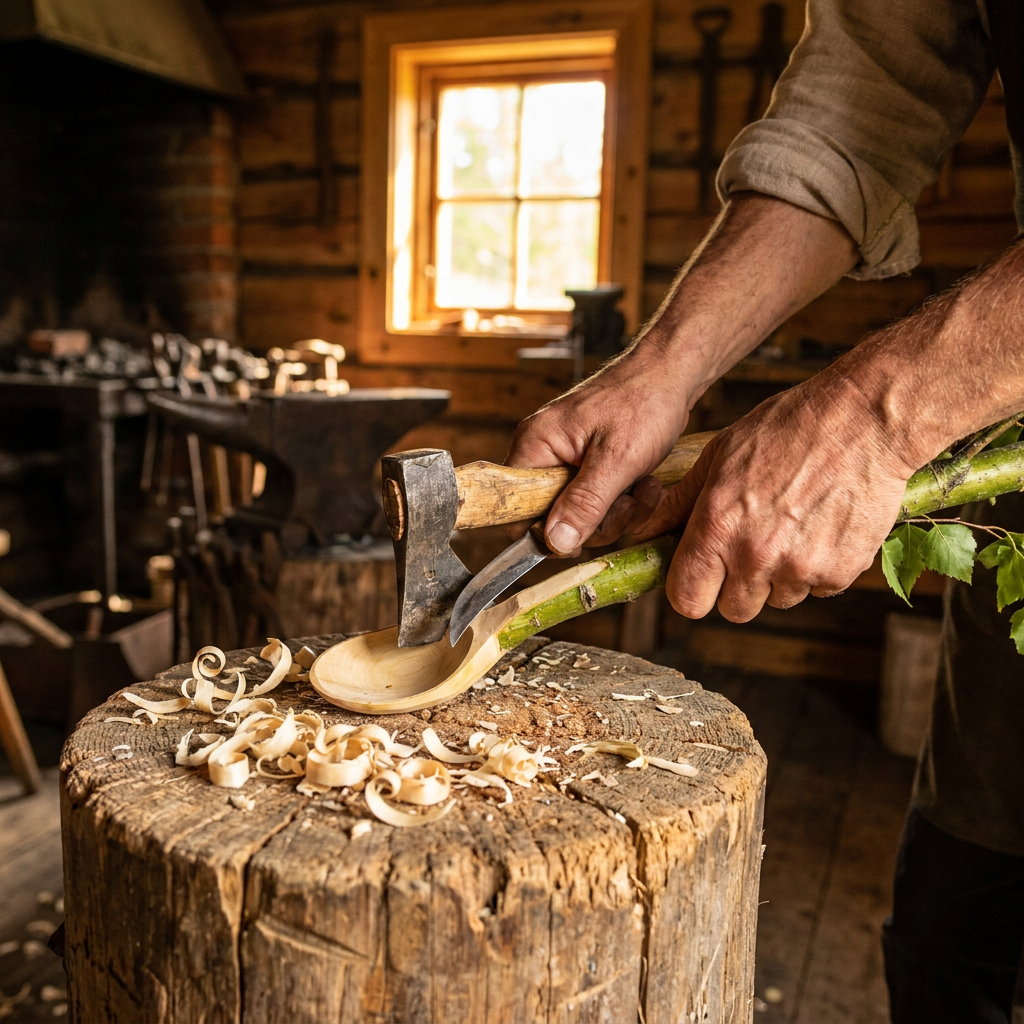 Shaping green birch with traditional carving hand tools